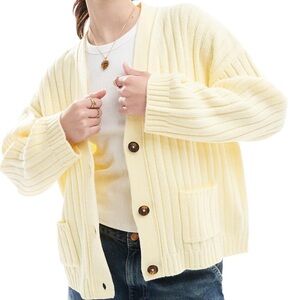 New ASOS Boxy Longline Ribbed Cardigan in Butter
